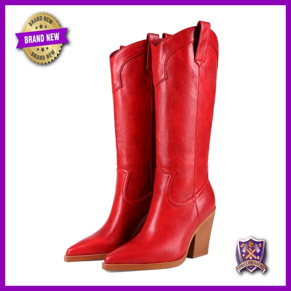 Western Knee High Cowgirl Boots Pointed Toe Chunky Heel Leather Riding Boots